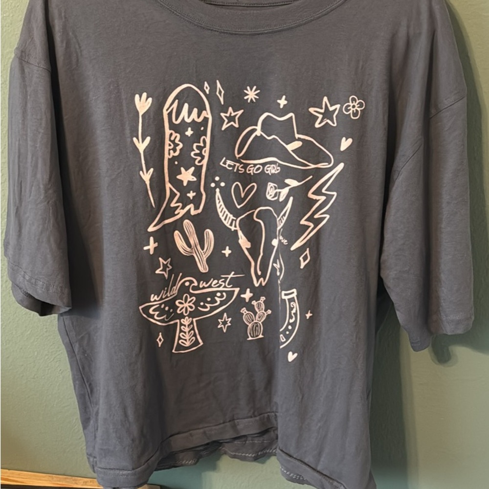 Gray Short Sleeve Graphic Tee Casual Cotton Blend